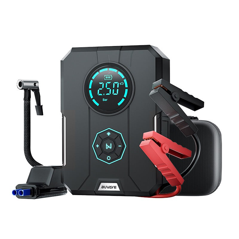 Black tire inflator and jump starter pictured with red and black clamps