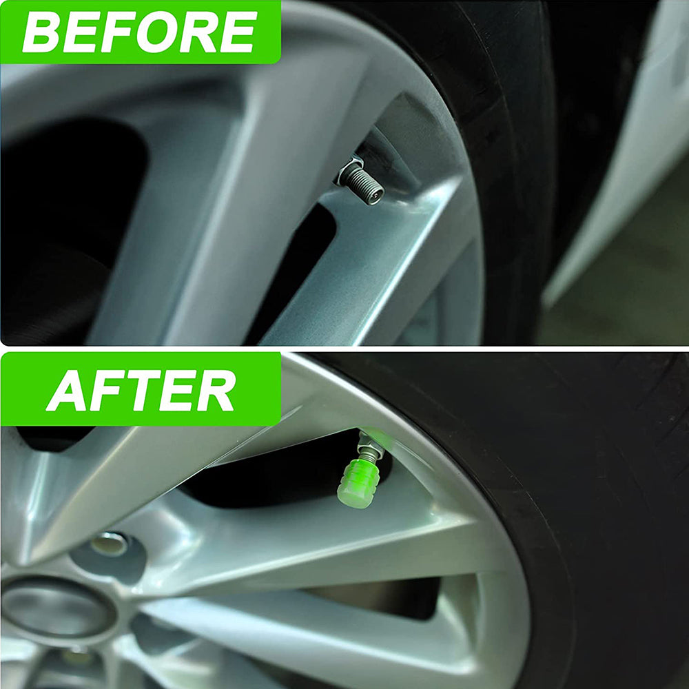 Tire valve shown before and after fitting a green cap