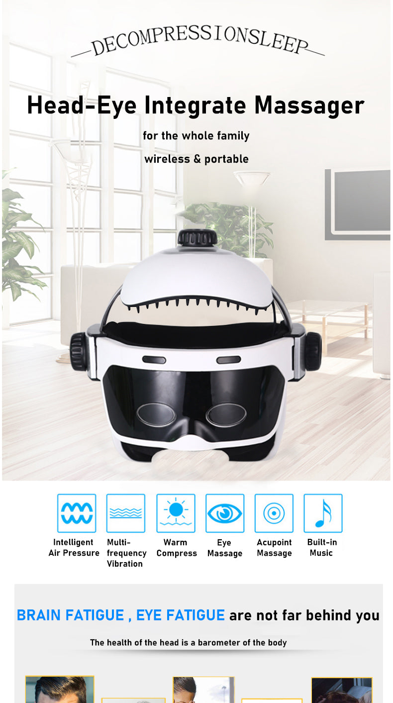 White head massager shown with a feature overview