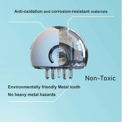 Cutaway illustration of the scalp applicator and metal comb teeth