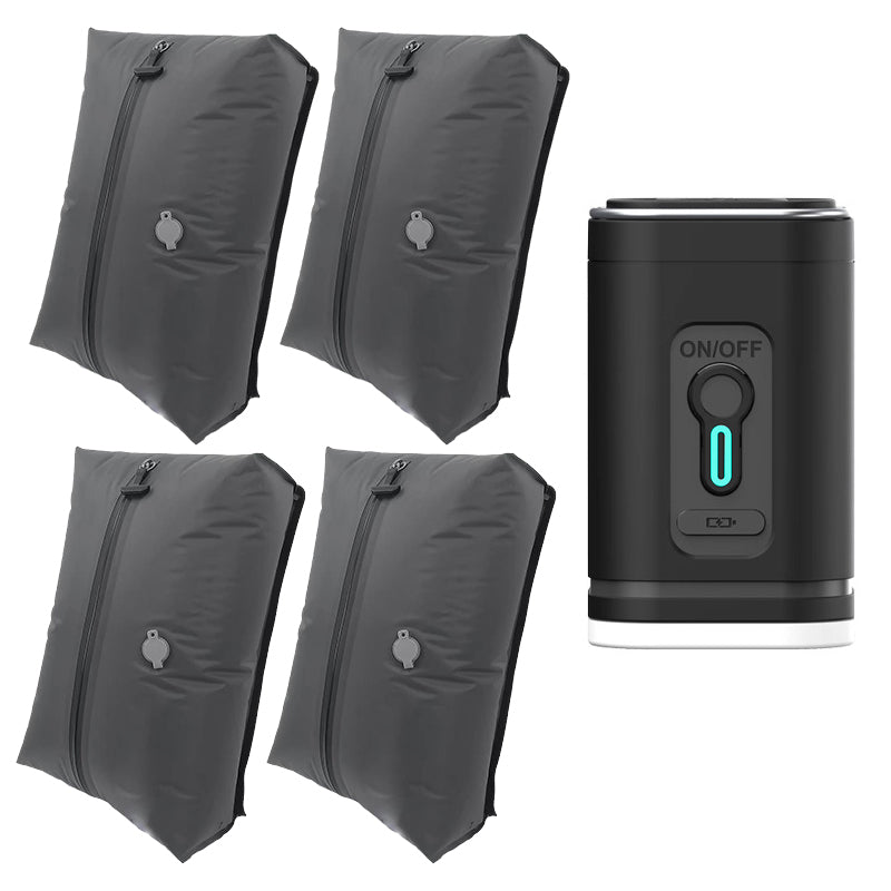 Four black travel vacuum bags pictured with a compact pump