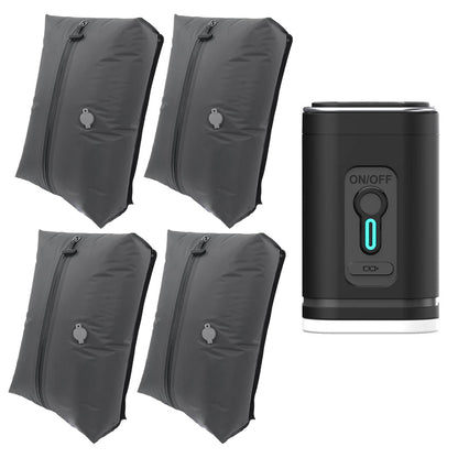 Four black travel vacuum bags pictured with a compact pump