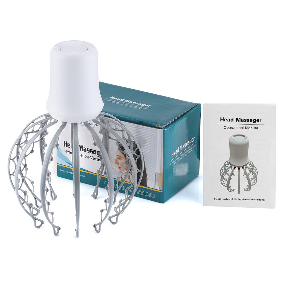 Light gray battery-model scalp massager and its pictured packaging