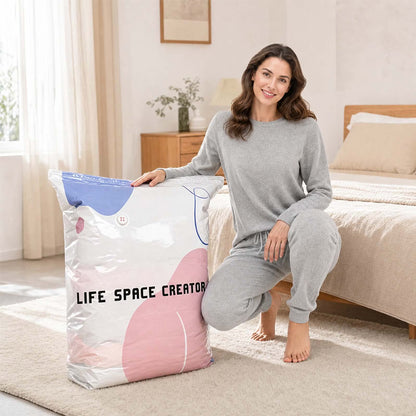 Person beside a filled compression storage bag in a bedroom