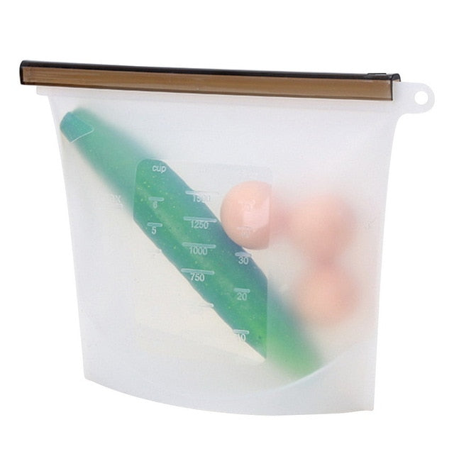 Translucent white food storage bag with a dark closure
