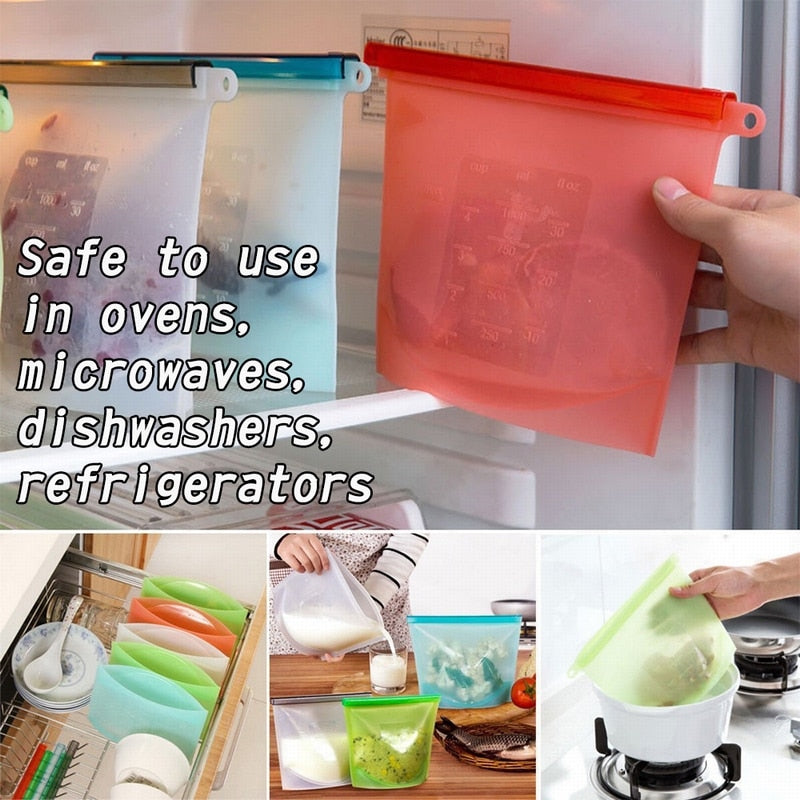 Silicone food bags pictured in kitchen storage and appliance-use examples
