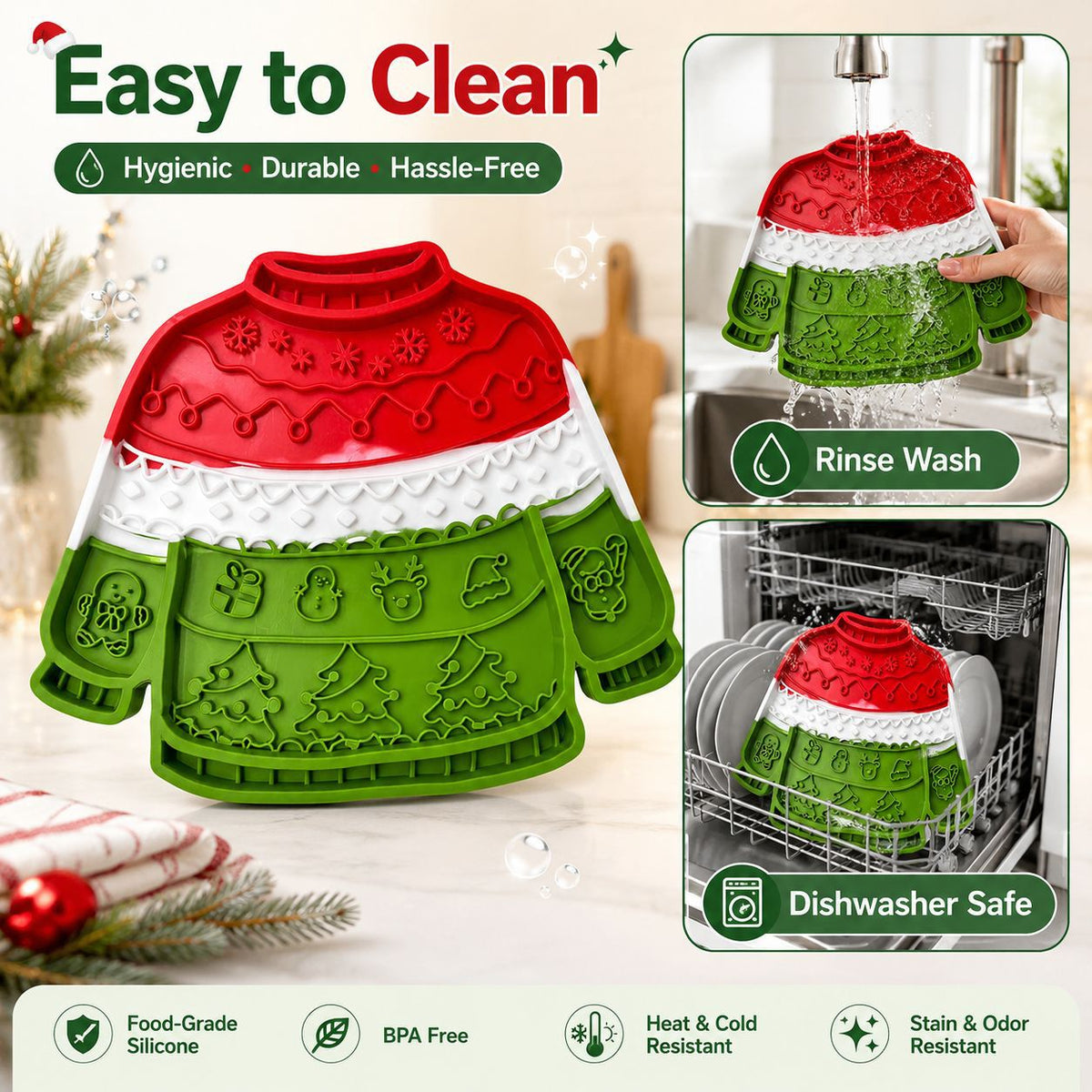 Christmas lick mat with illustrated rinsing and cleaning examples