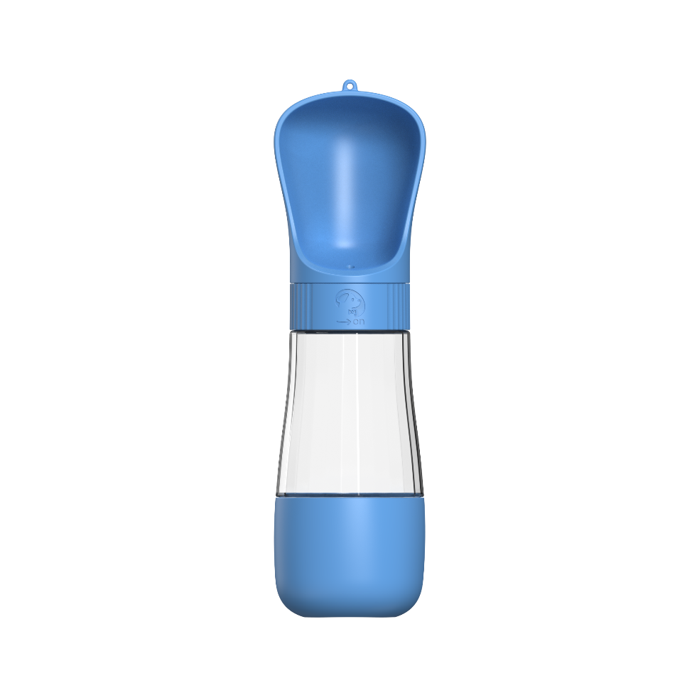 Blue pet water bottle with lower food-storage compartment