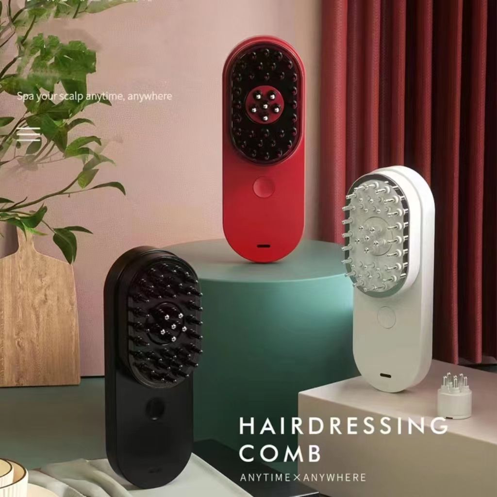 Black, red and ivory scalp massage combs displayed together