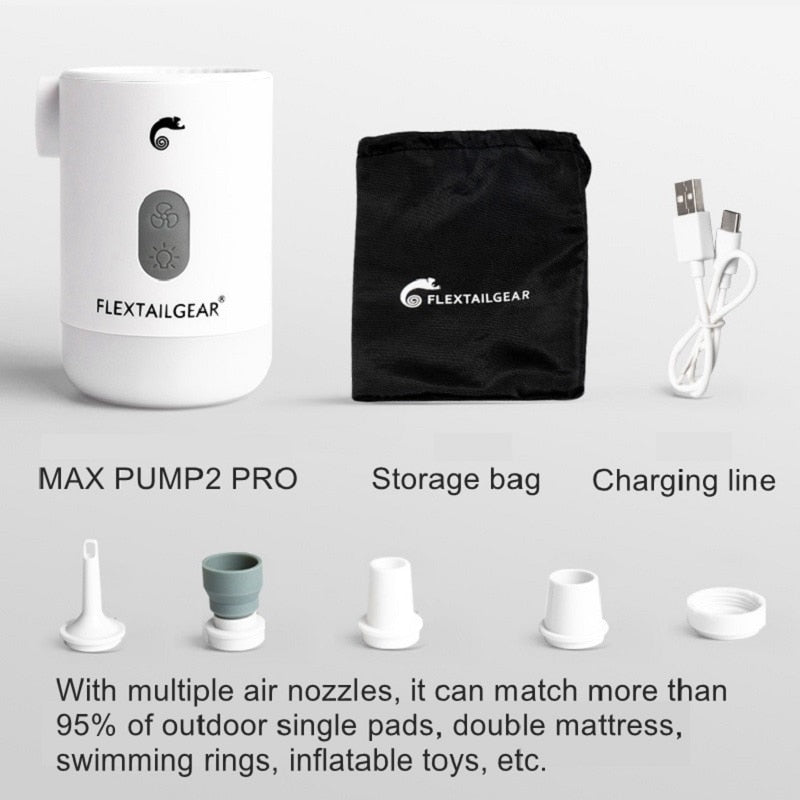 Max Pump 2 Pro pictured with storage bag, charging cable and nozzle adapters