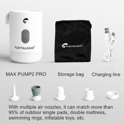 Max Pump 2 Pro pictured with storage bag, charging cable and nozzle adapters