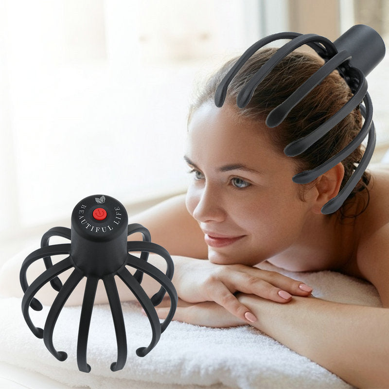 Multi-arm scalp massager shown being worn on the head