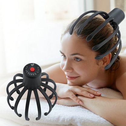 Multi-arm scalp massager shown being worn on the head