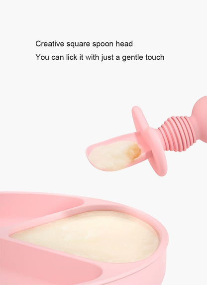 Pink spoon shown scooping soft food