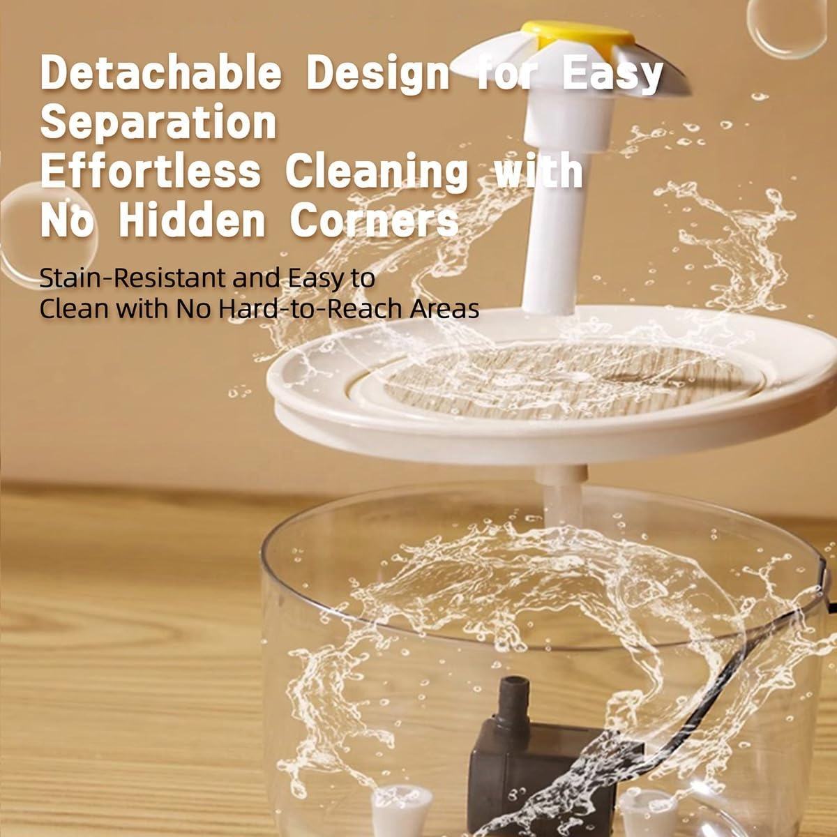 Pet fountain shown disassembled into reservoir, lid, outlet and pump