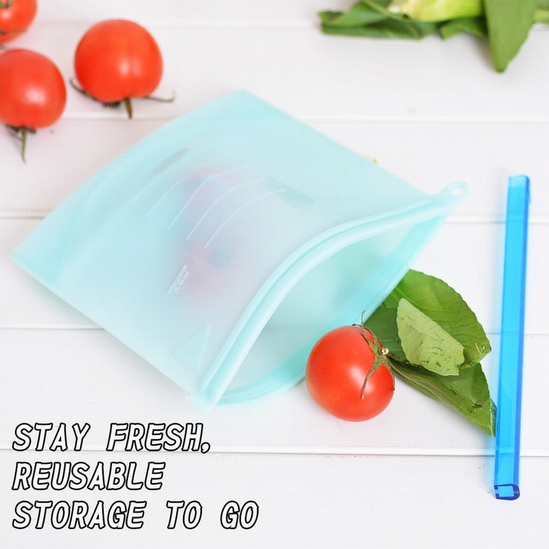 Blue silicone food storage bag with its sliding closure removed