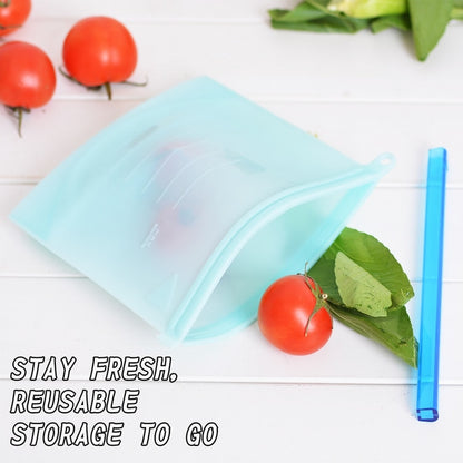 Blue silicone food storage bag with its sliding closure removed