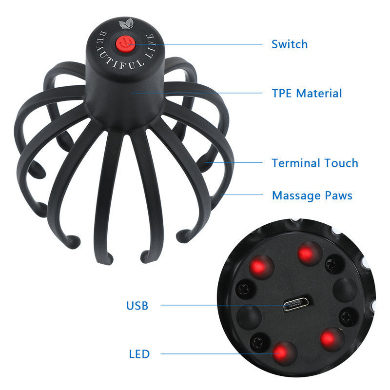 Scalp massager diagram identifying arms, switch and underside connections