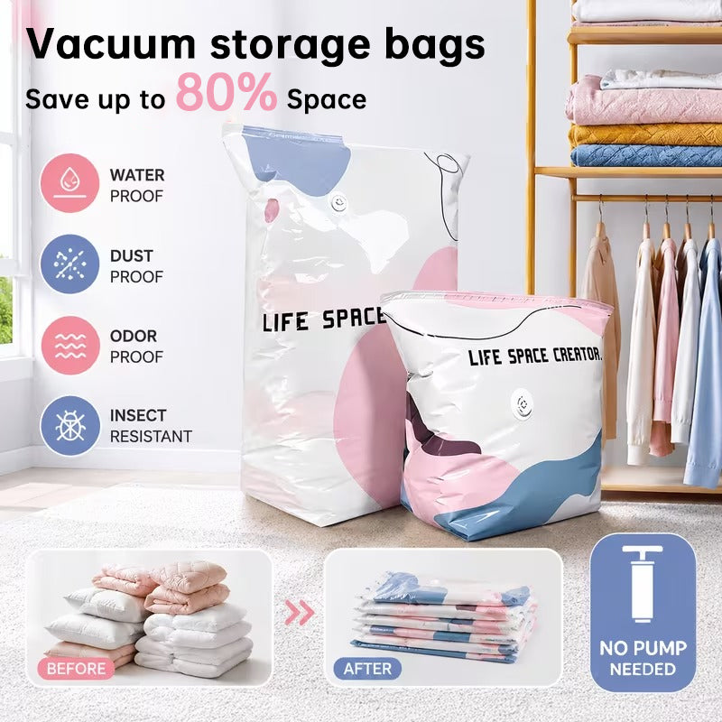 Pump-free compression bags shown with folded clothing and bedding