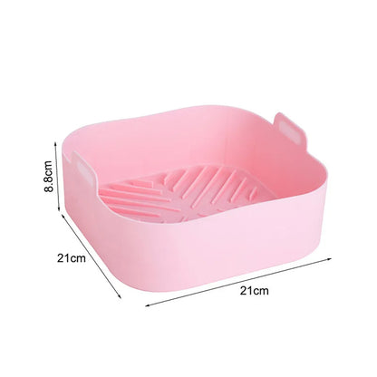 Pink silicone air fryer liner with dimensions and side handles