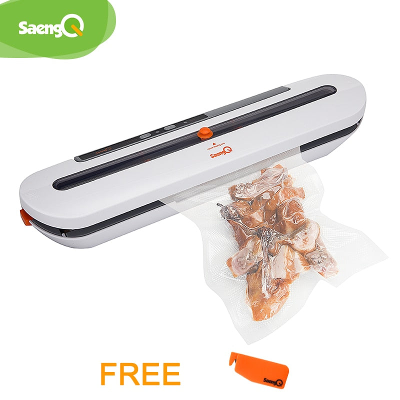 White food sealer with a filled bag and pictured cutting accessory