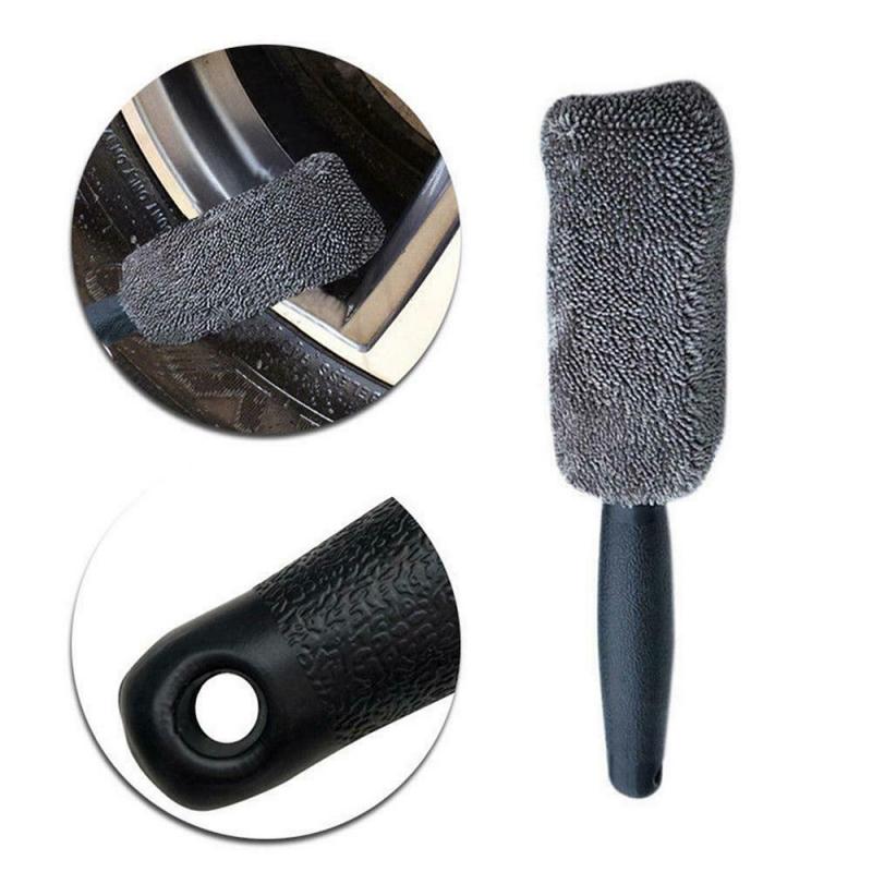 Gray microfiber wheel brush with wheel-cleaning and handle close-ups