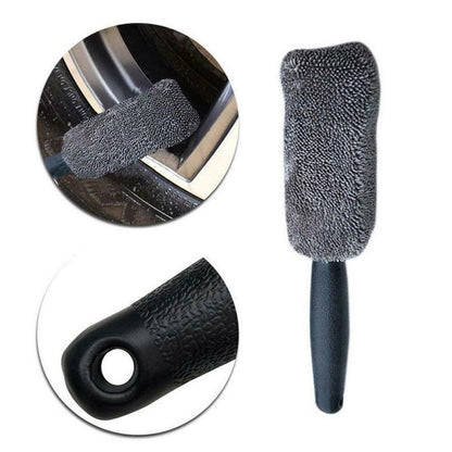 Gray microfiber wheel brush with wheel-cleaning and handle close-ups
