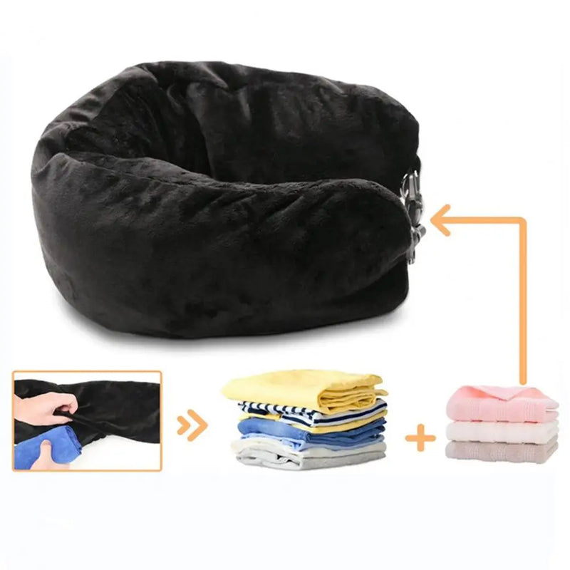Illustration showing folded clothing being packed into a neck-pillow cover