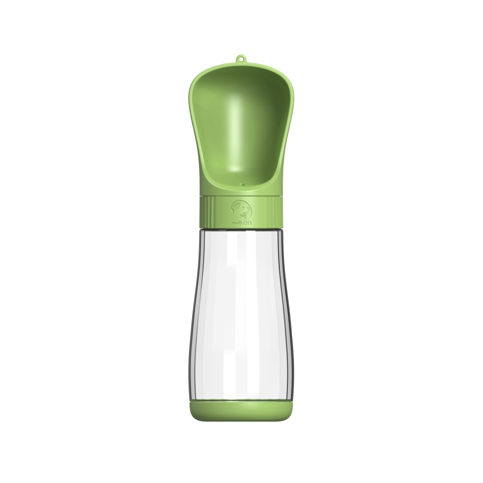 Tall green pet water bottle with built-in drinking trough