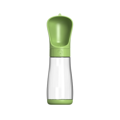 Tall green pet water bottle with built-in drinking trough