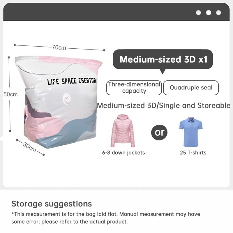 Medium compression storage bag diagram labeled 70 by 50 by 30 centimeters