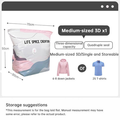 Medium compression storage bag diagram labeled 70 by 50 by 30 centimeters