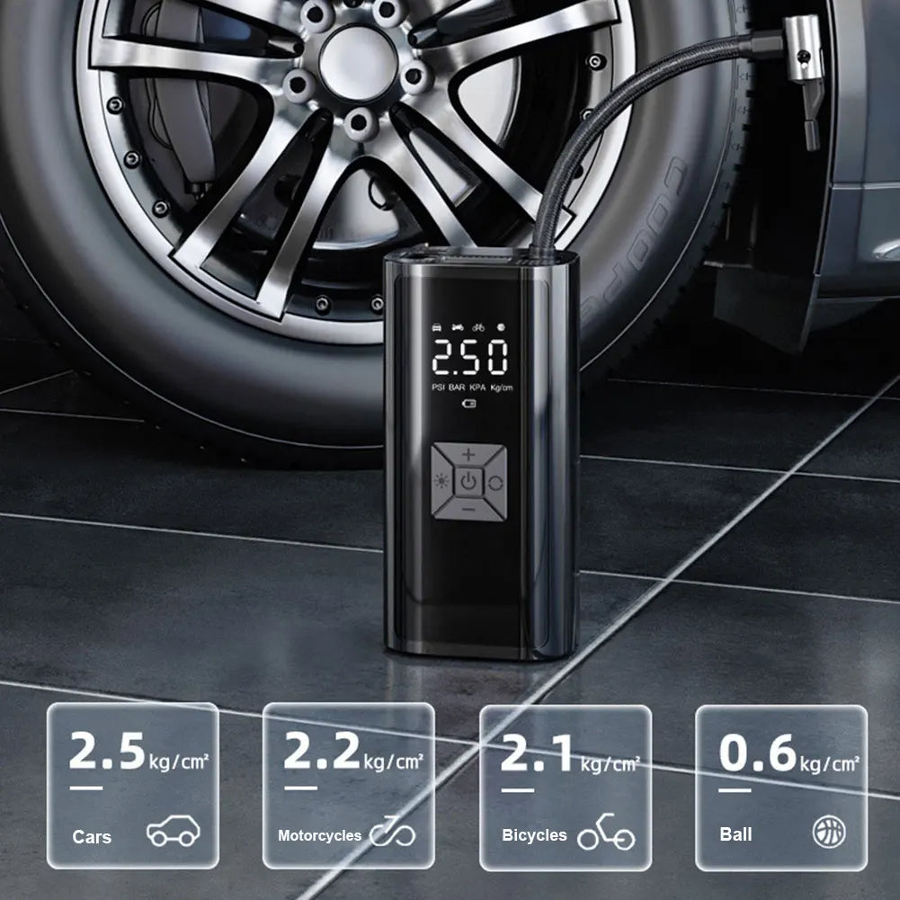 Digital tire inflator beside a car wheel with pressure-mode illustrations
