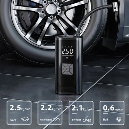 Digital tire inflator beside a car wheel with pressure-mode illustrations