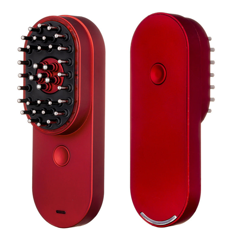 Front and back views of a red scalp massage comb