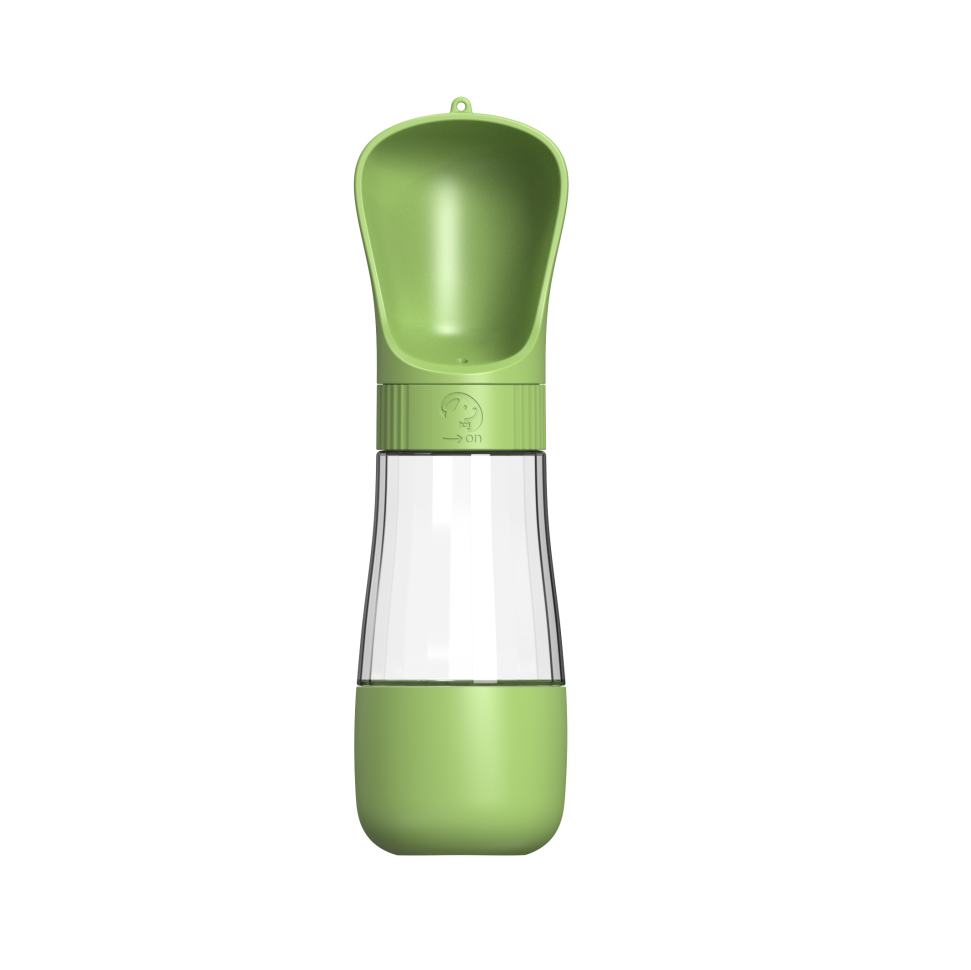 Green pet water bottle with lower food-storage compartment
