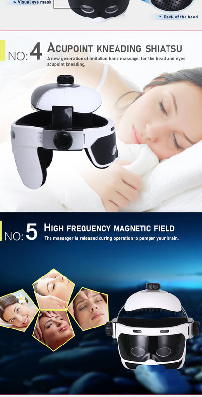Head massager promotional graphic with a reclining-use illustration