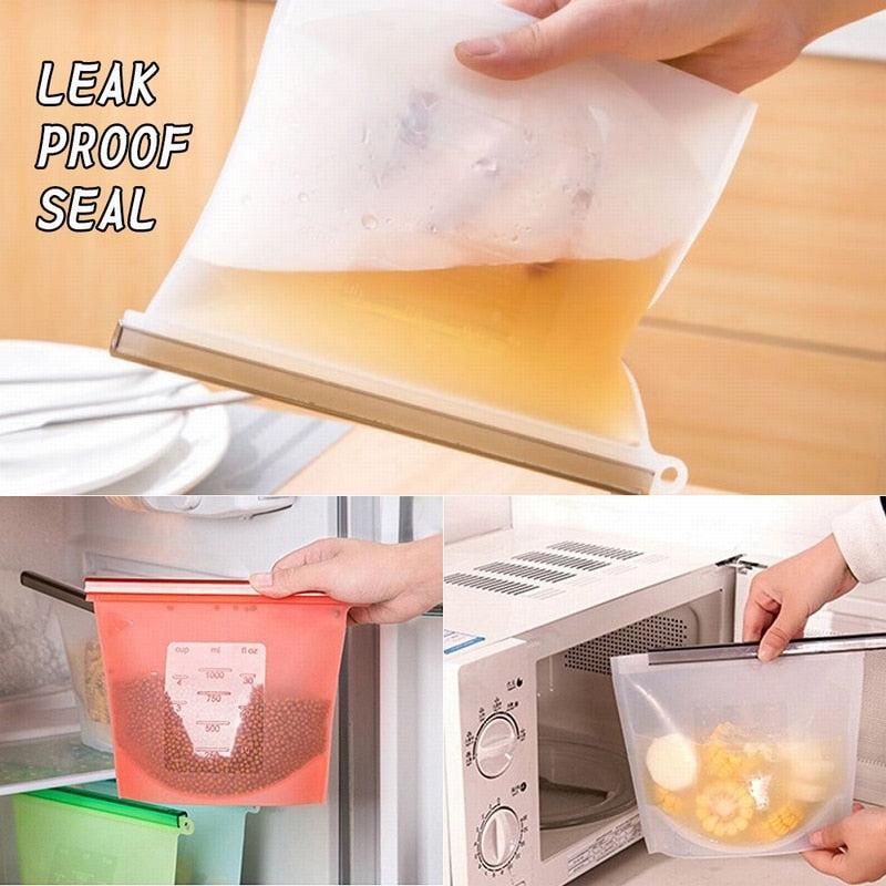 Food storage bag closure demonstration and kitchen-use illustrations