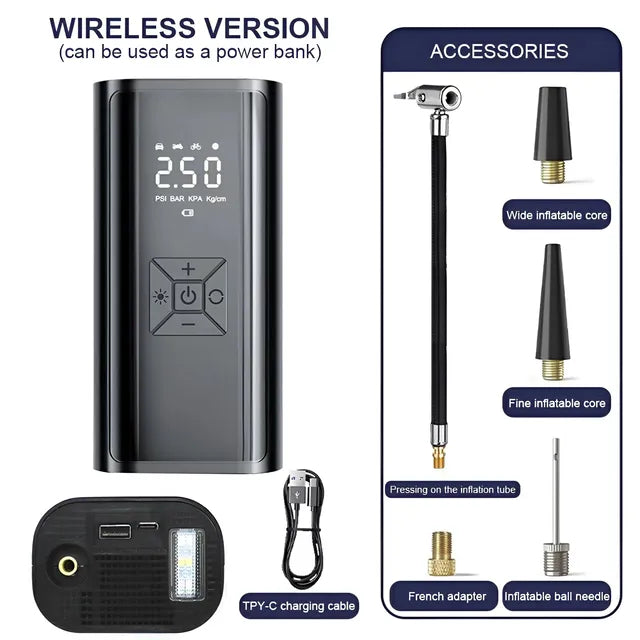 Reverse-charging wireless inflator option with charging cable and adapters