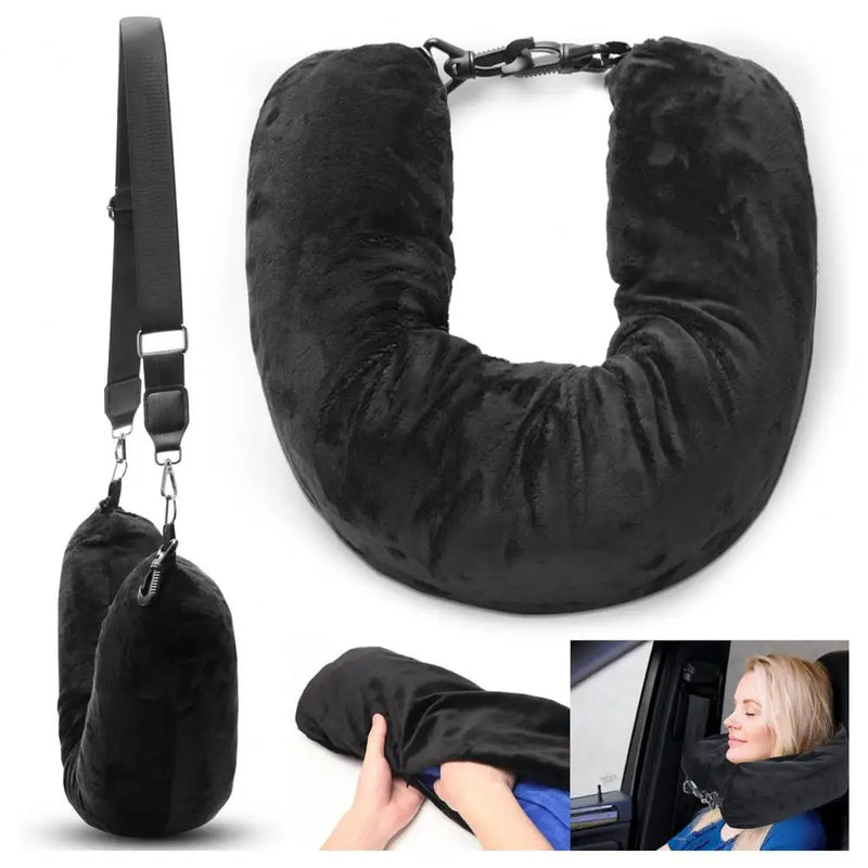Black fillable neck-pillow cover with shoulder strap and packing examples