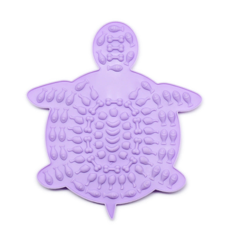 Purple turtle-shaped silicone pet lick mat with textured surface