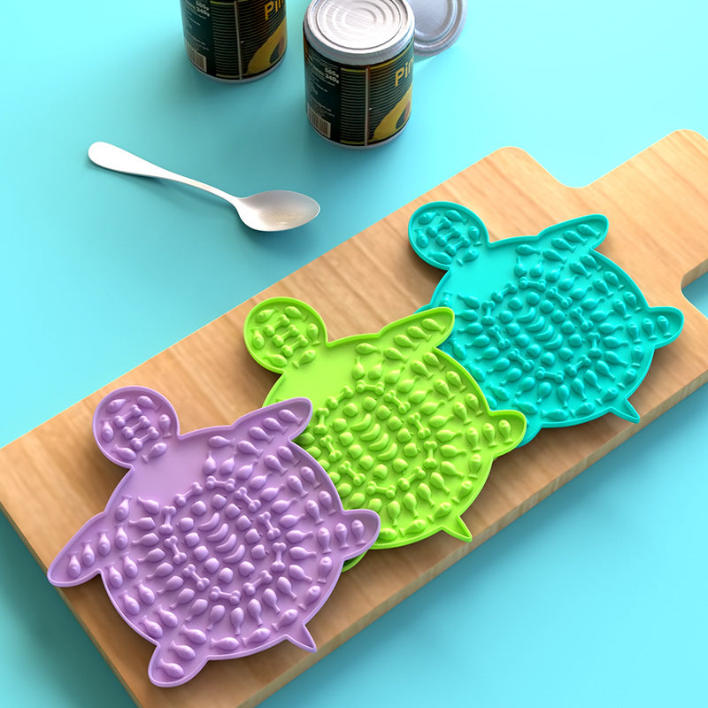 Purple, green and turquoise turtle-shaped silicone pet lick mats