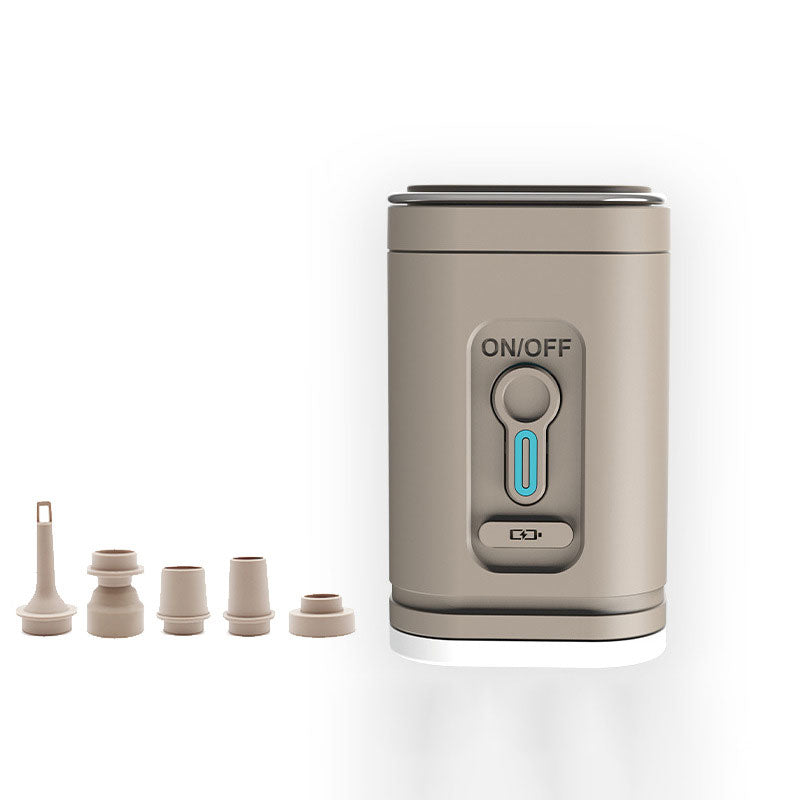 Tan rechargeable air pump beside its nozzle attachments
