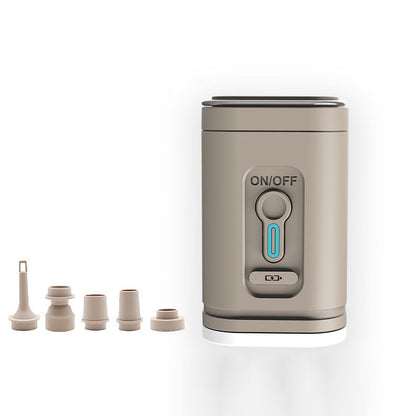 Tan rechargeable air pump beside its nozzle attachments