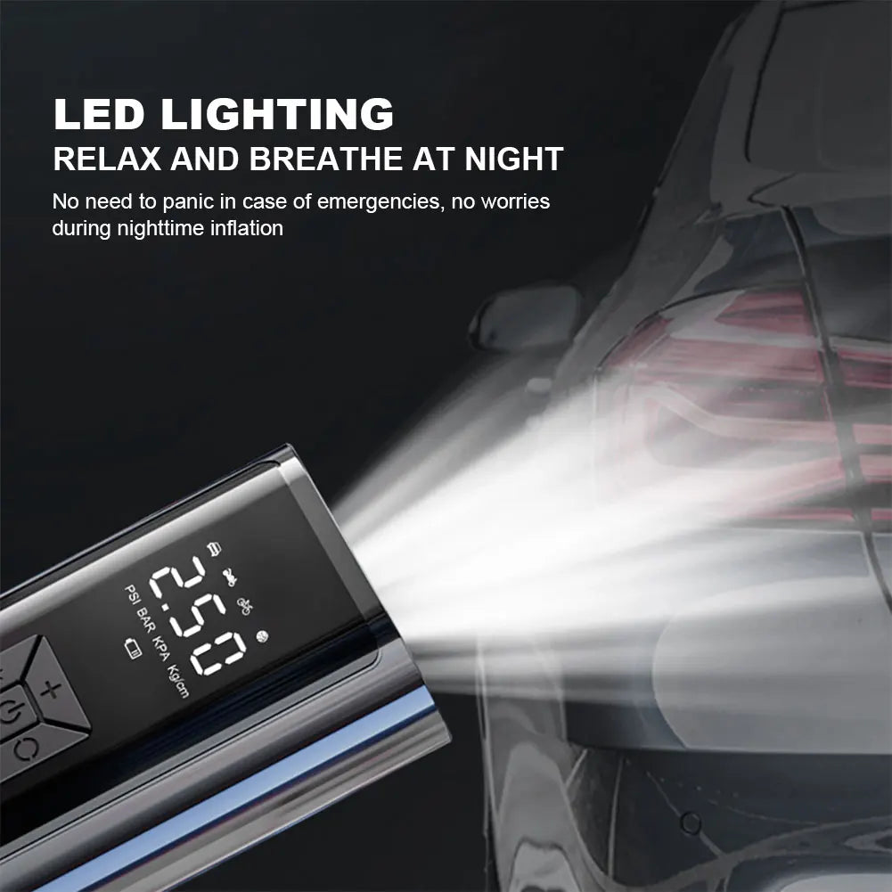 Digital tire inflator with its LED light switched on
