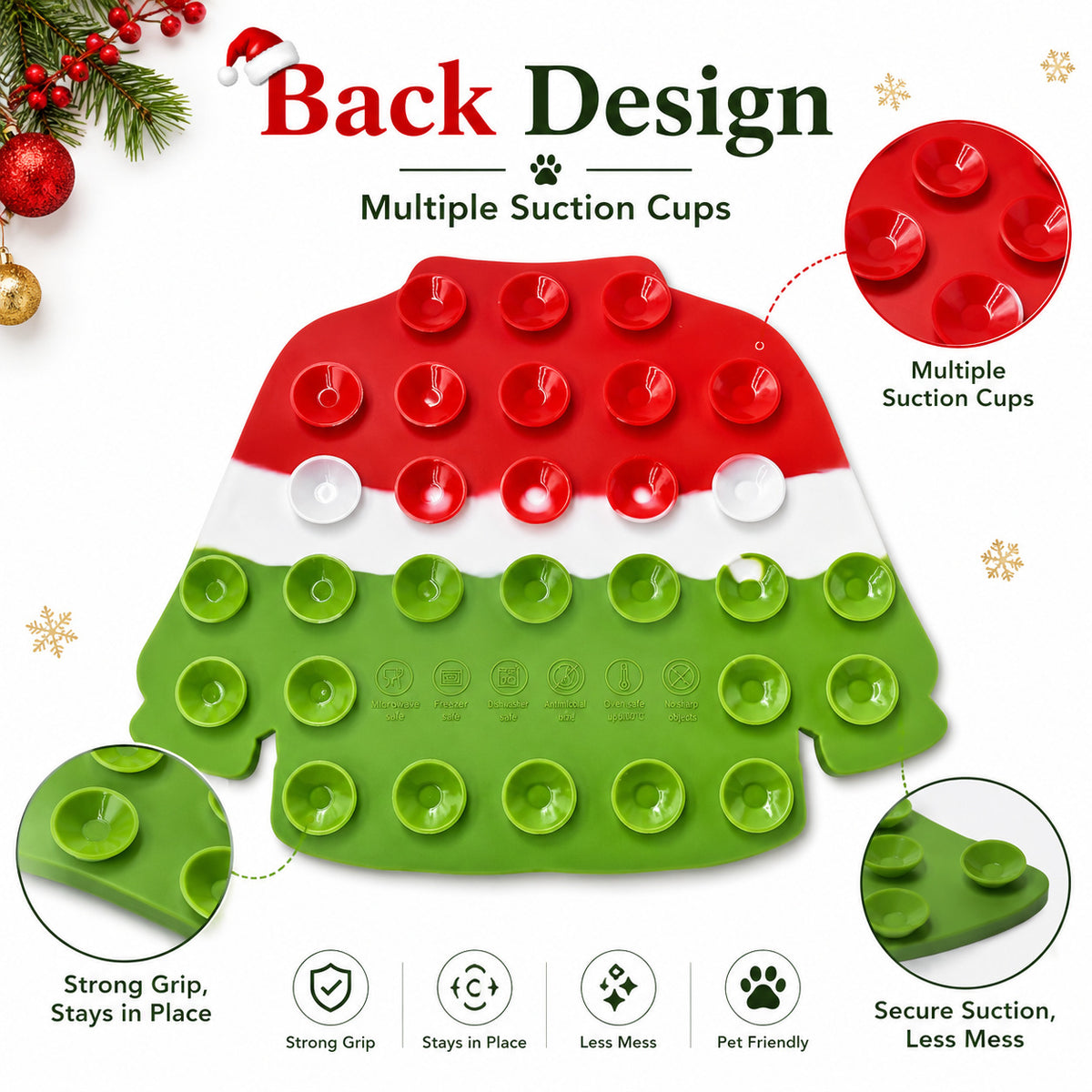 Back of the Christmas lick mat showing multiple suction cups
