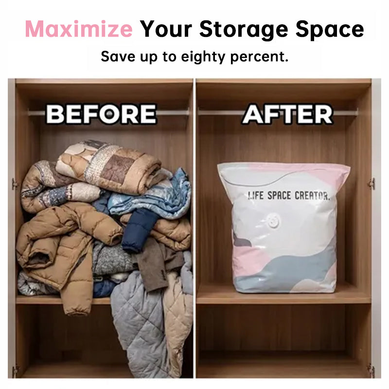 Wardrobe illustration comparing loose clothing with a filled storage bag
