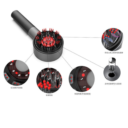 Scalp massage brush with close-ups of its LED head and applicator