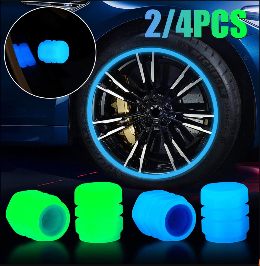Blue and green luminous tire valve caps with a vehicle wheel illustration