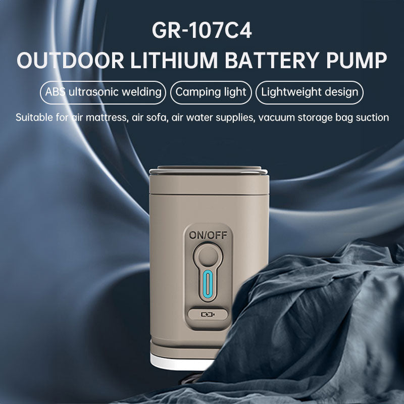 Tan compact rechargeable air pump with front controls and camping light